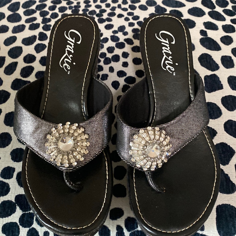 Grazie jeweled pewter & black wedge sandals. Size 8.5. Like new